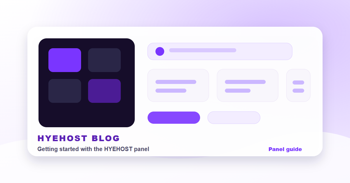 HYEHOST panel getting started guide with dashboard cards for VPS billing networking support and security