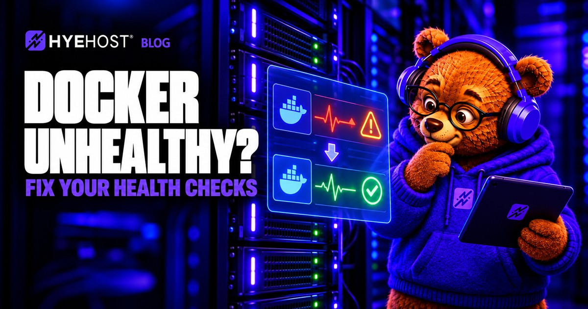 HYEHOST bear mascot diagnosing container health beside a server status panel