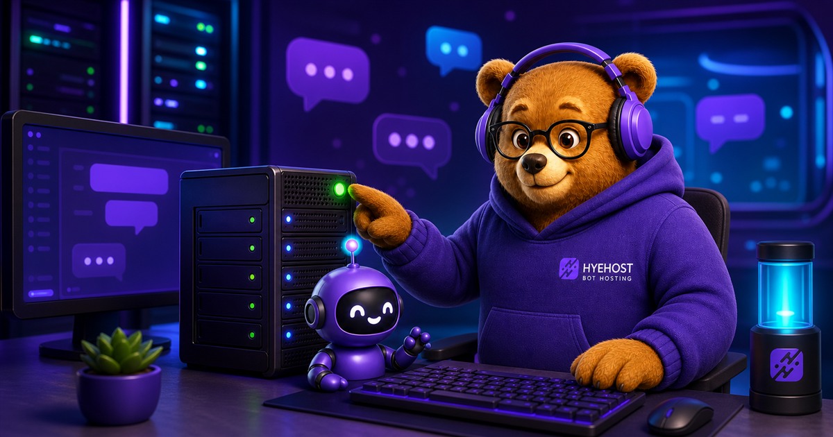 HYEHOST mascot deploying a Discord bot to an always-online server