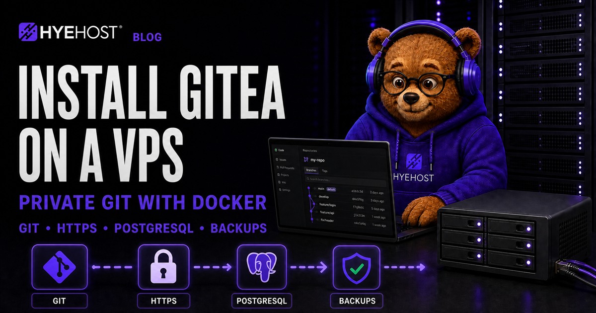 HYEHOST mascot deploying Gitea, PostgreSQL and HTTPS on a private VPS