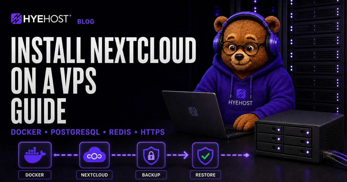 HYEHOST mascot installing Nextcloud with Docker on a VPS for private cloud storage