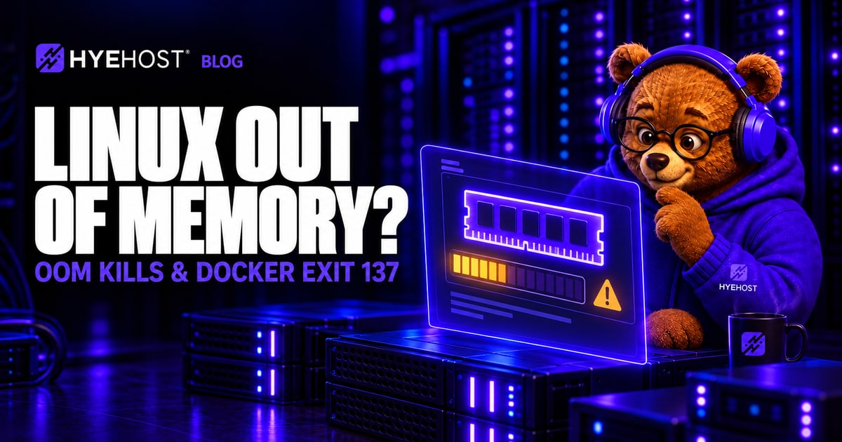 HYEHOST bear mascot diagnosing Linux memory pressure beside a glowing RAM module