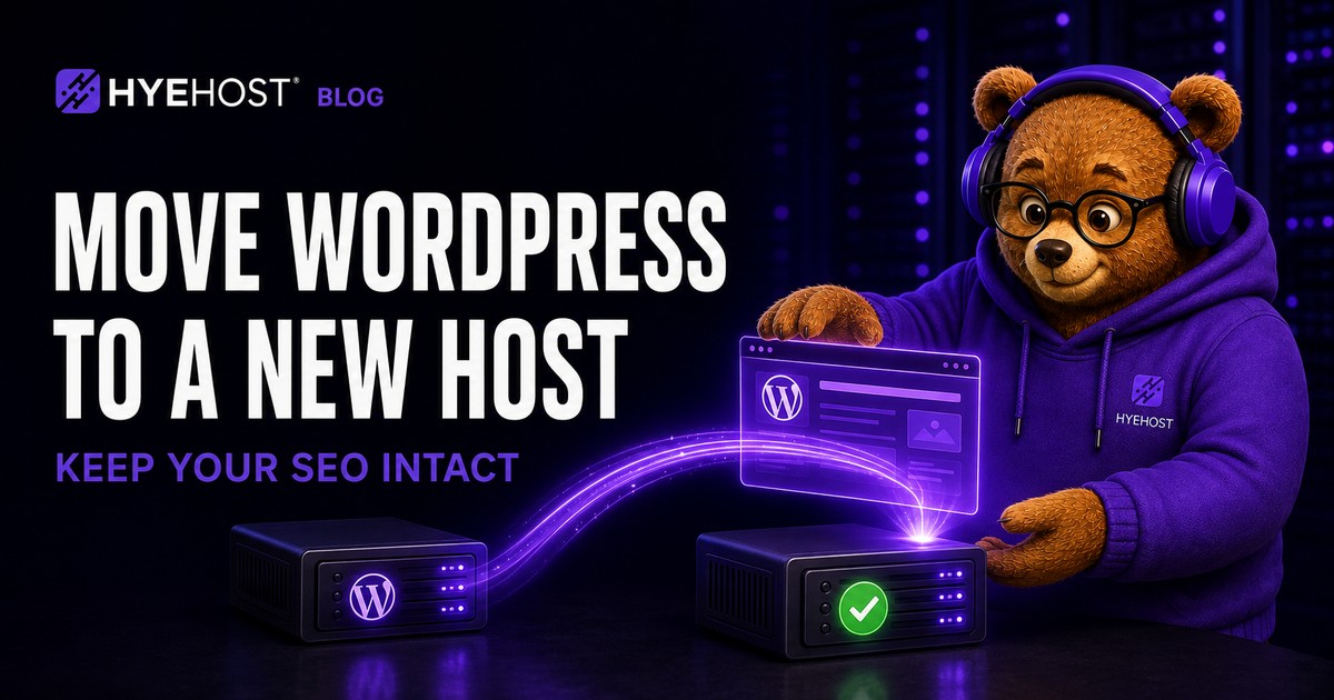 HYEHOST bear mascot transferring a WordPress website between hosting servers