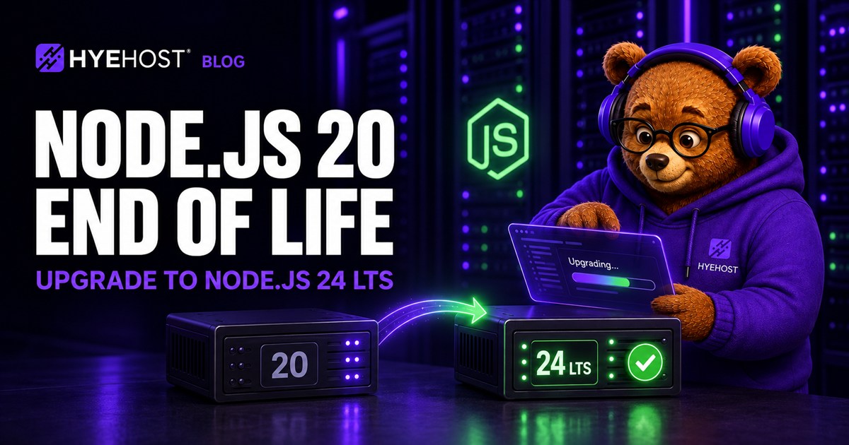HYEHOST bear mascot upgrading a Node.js 20 server to Node.js 24 LTS