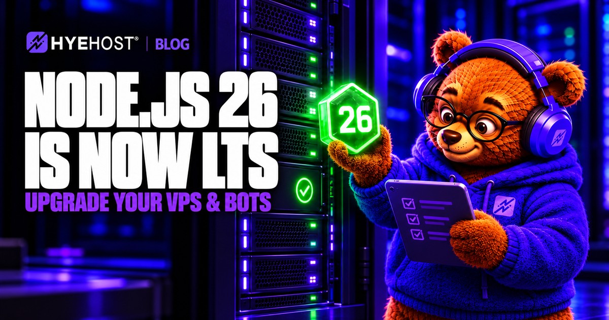 HYEHOST bear mascot holding a Node.js 26 tile beside a server and deployment checklist