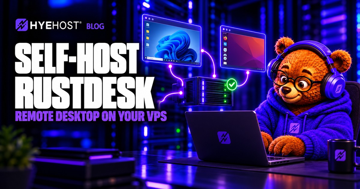 HYEHOST bear mascot connecting remote desktop screens through a VPS