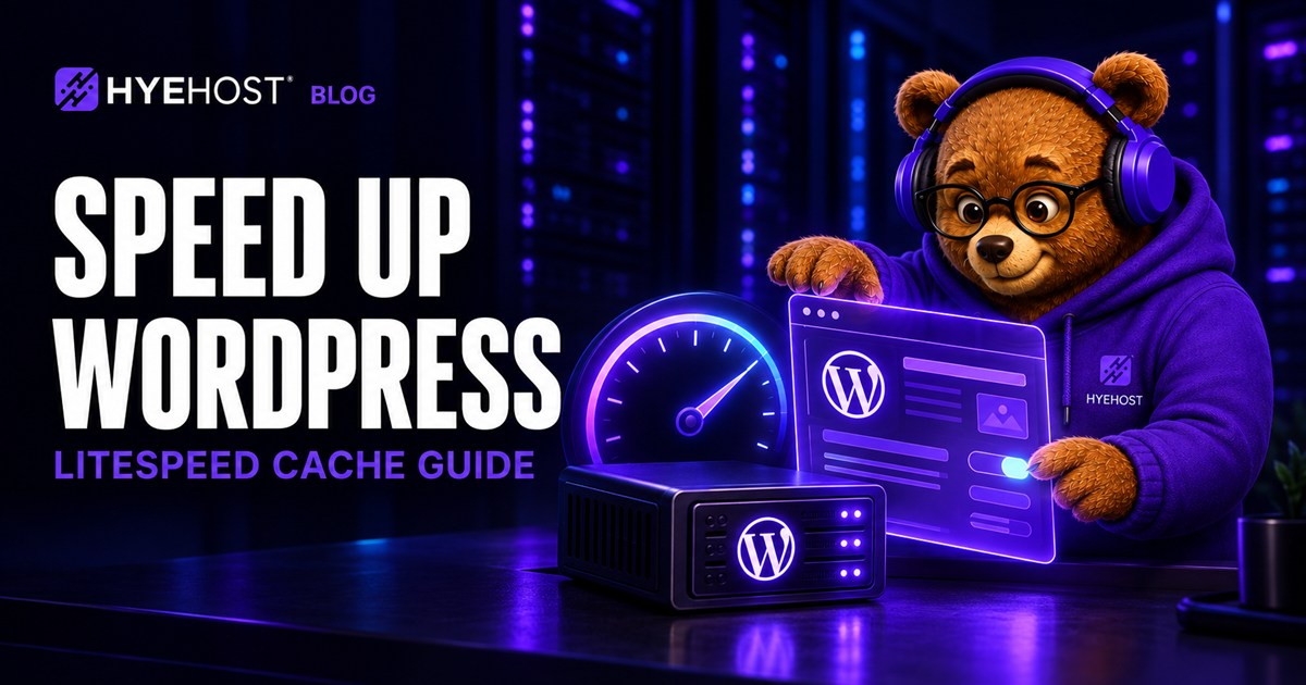 HYEHOST bear mascot tuning a WordPress website beside a glowing speedometer and server