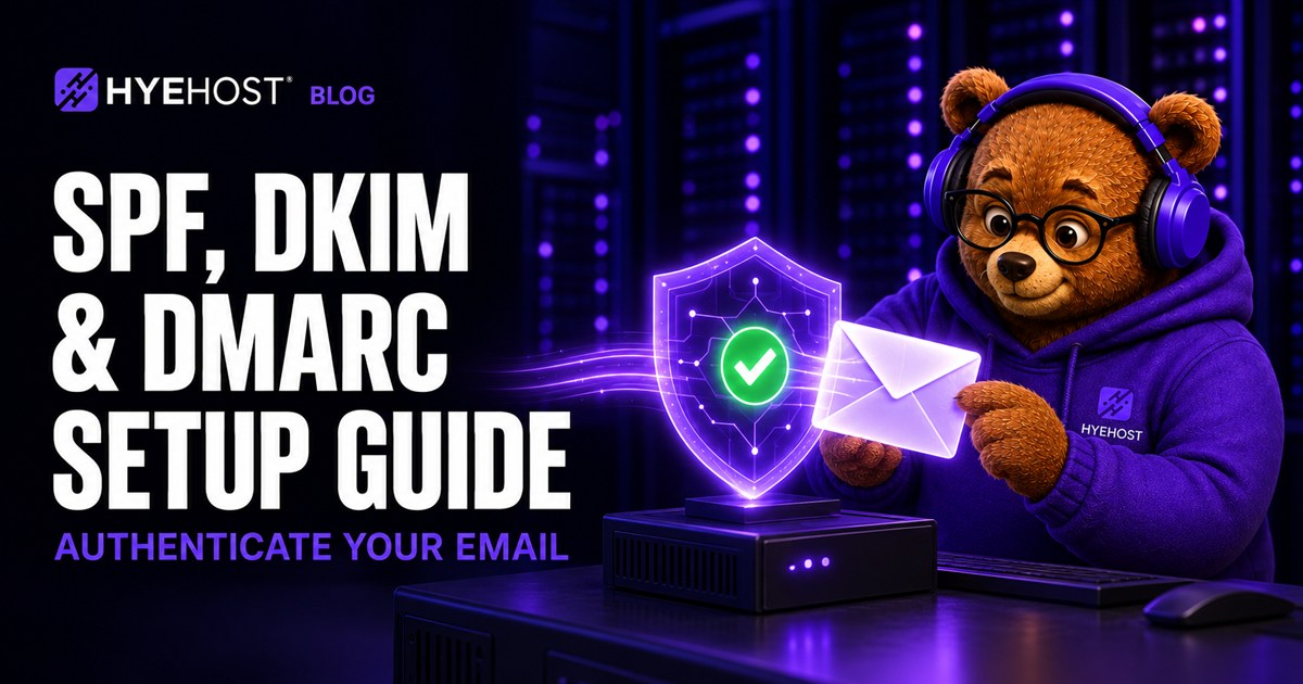 HYEHOST bear mascot checking an email envelope beside an authentication shield