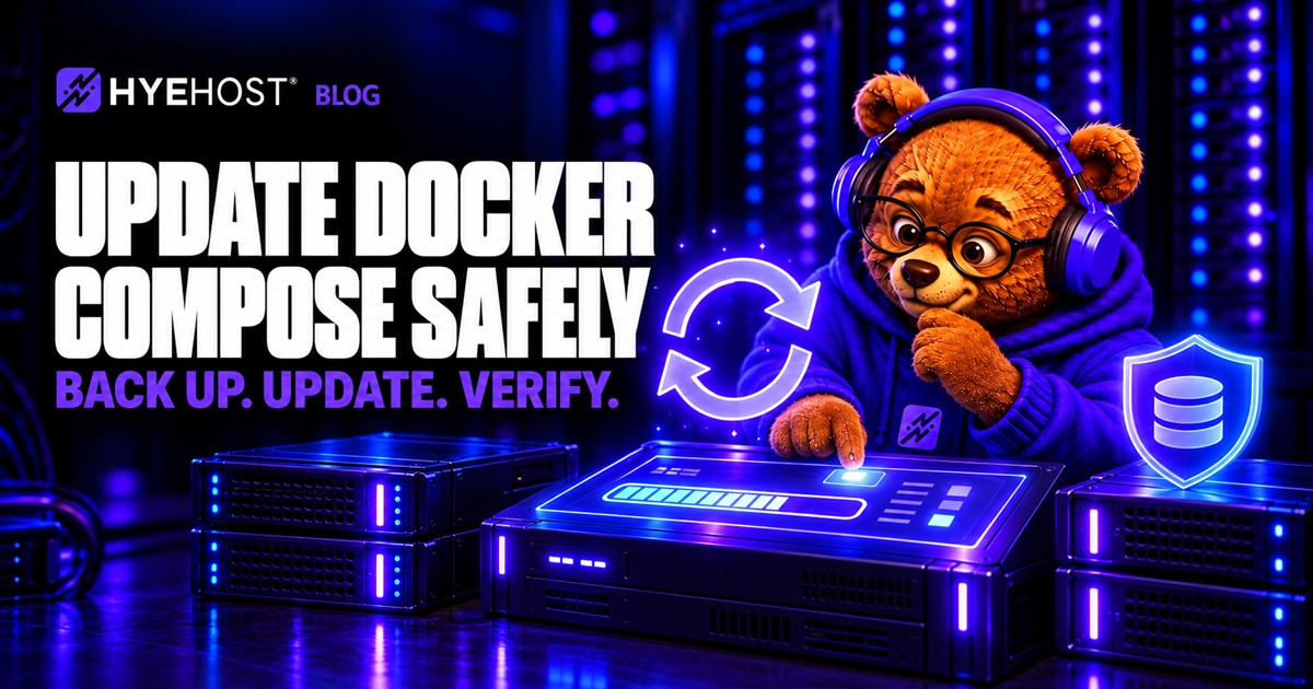 HYEHOST bear mascot checking a Docker Compose update beside servers and a backup shield