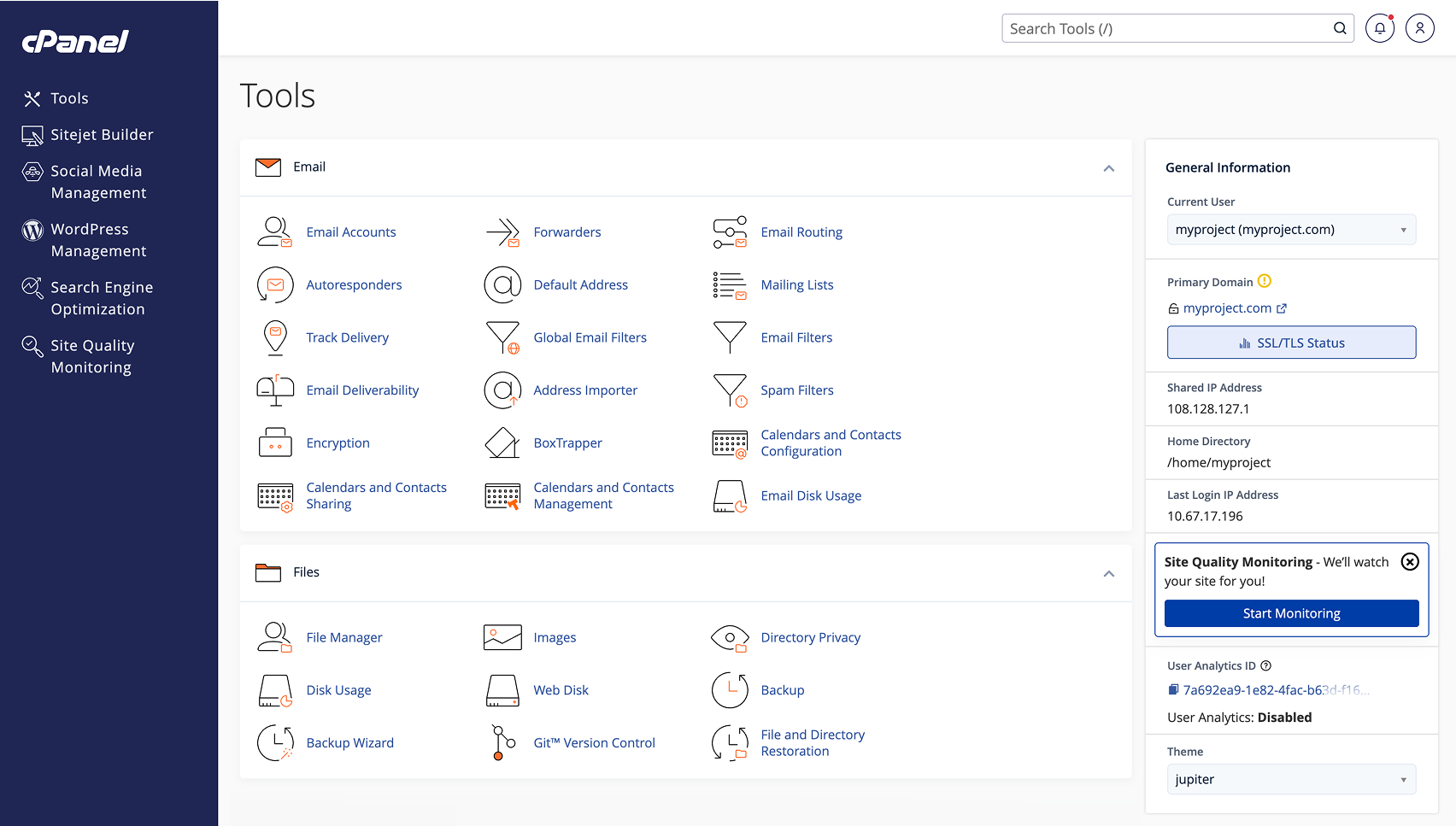 cPanel tools dashboard preview on HYEHOST cPanel hosting