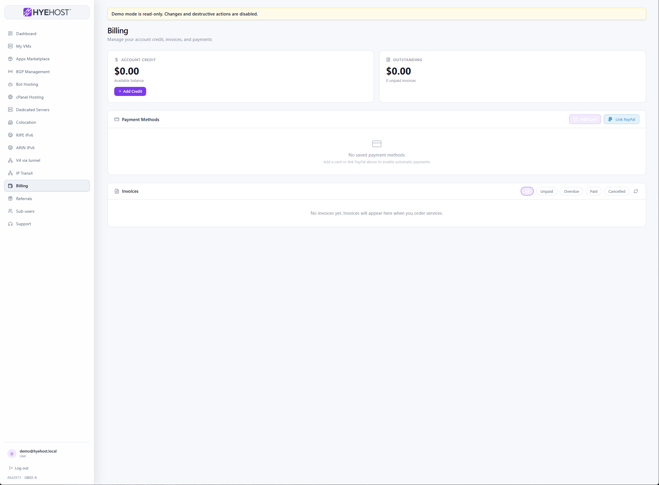 In-panel billing page