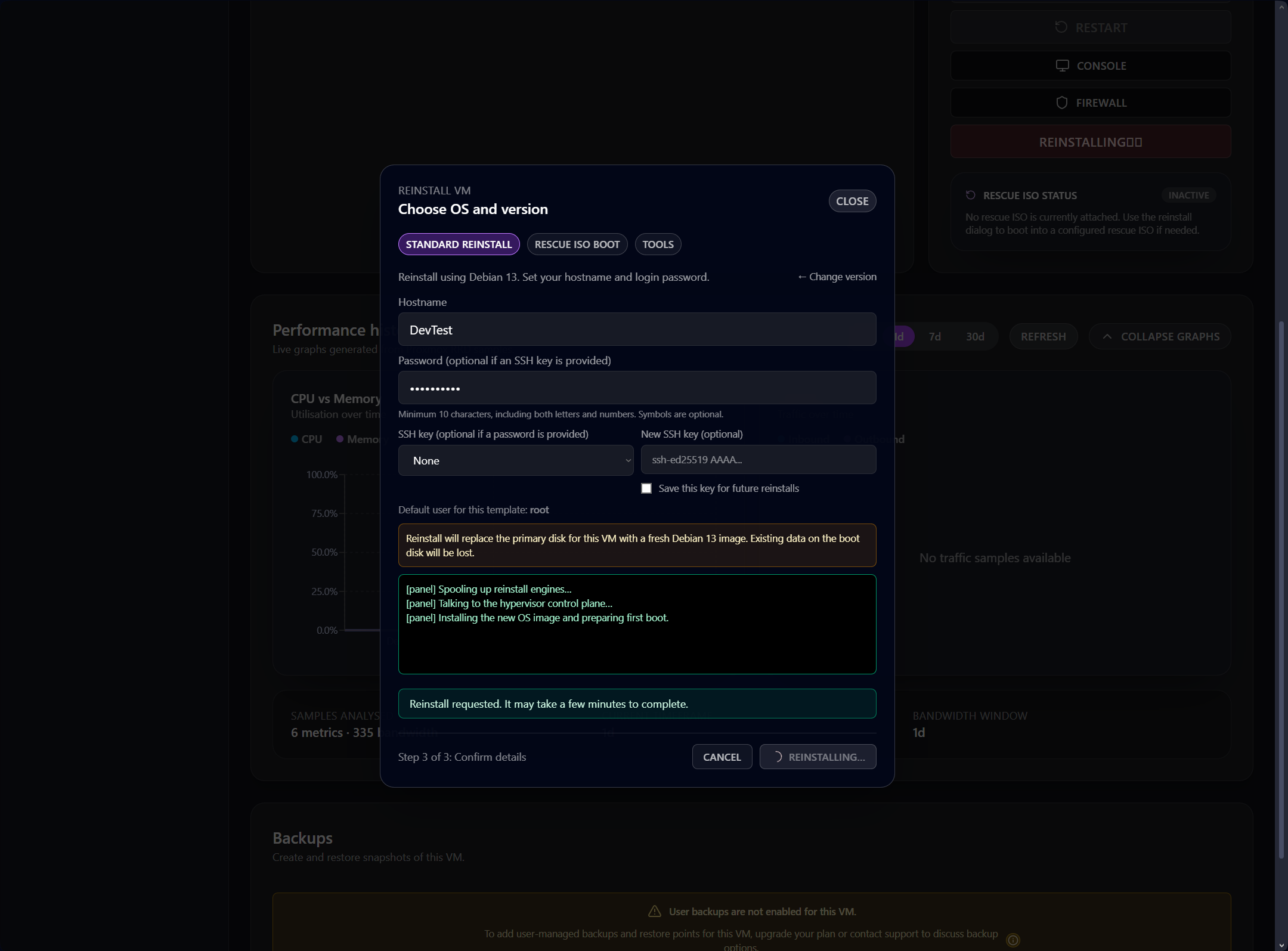 Reinstall progress screen