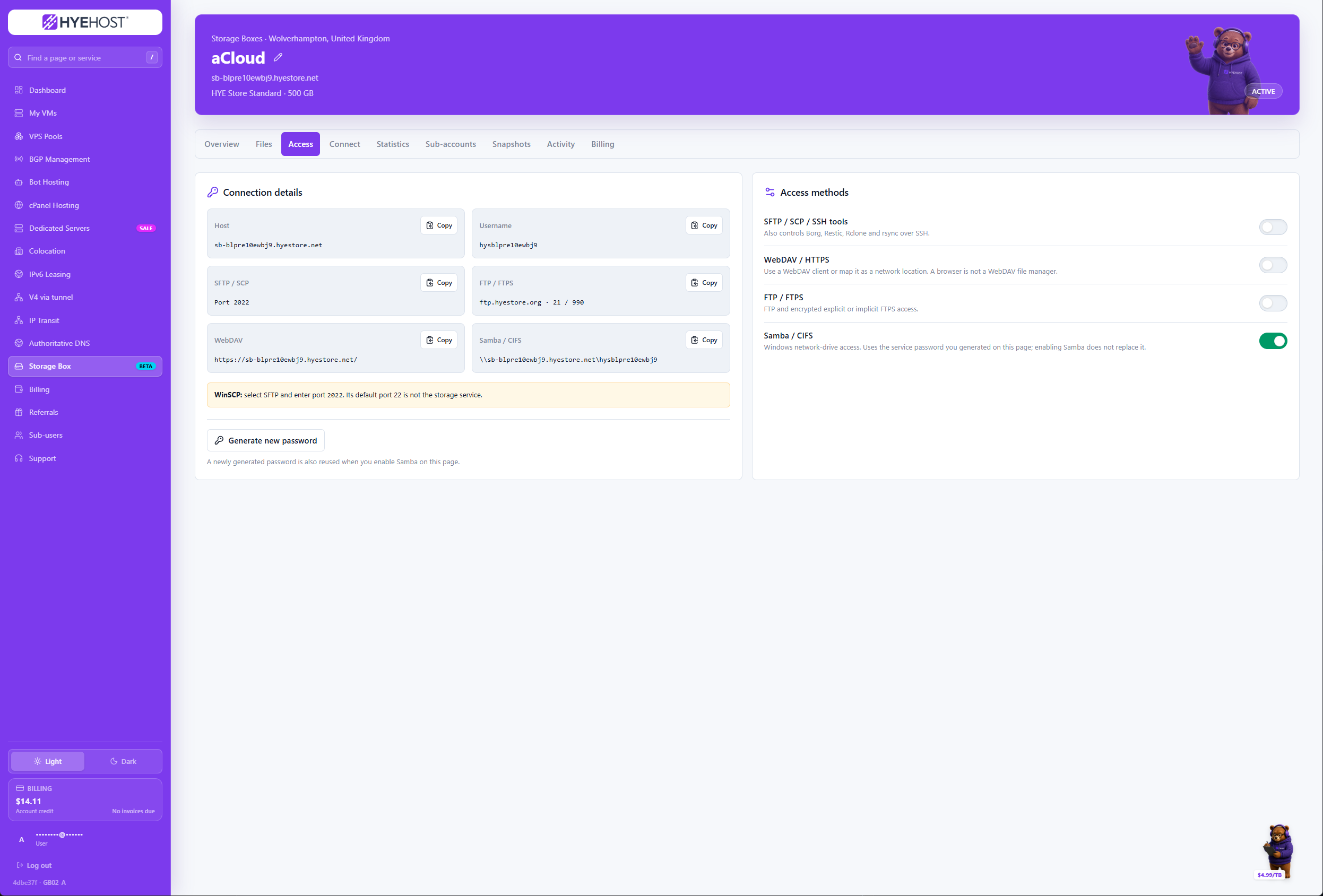 HYEHOST Storage Box credentials and access protocol controls