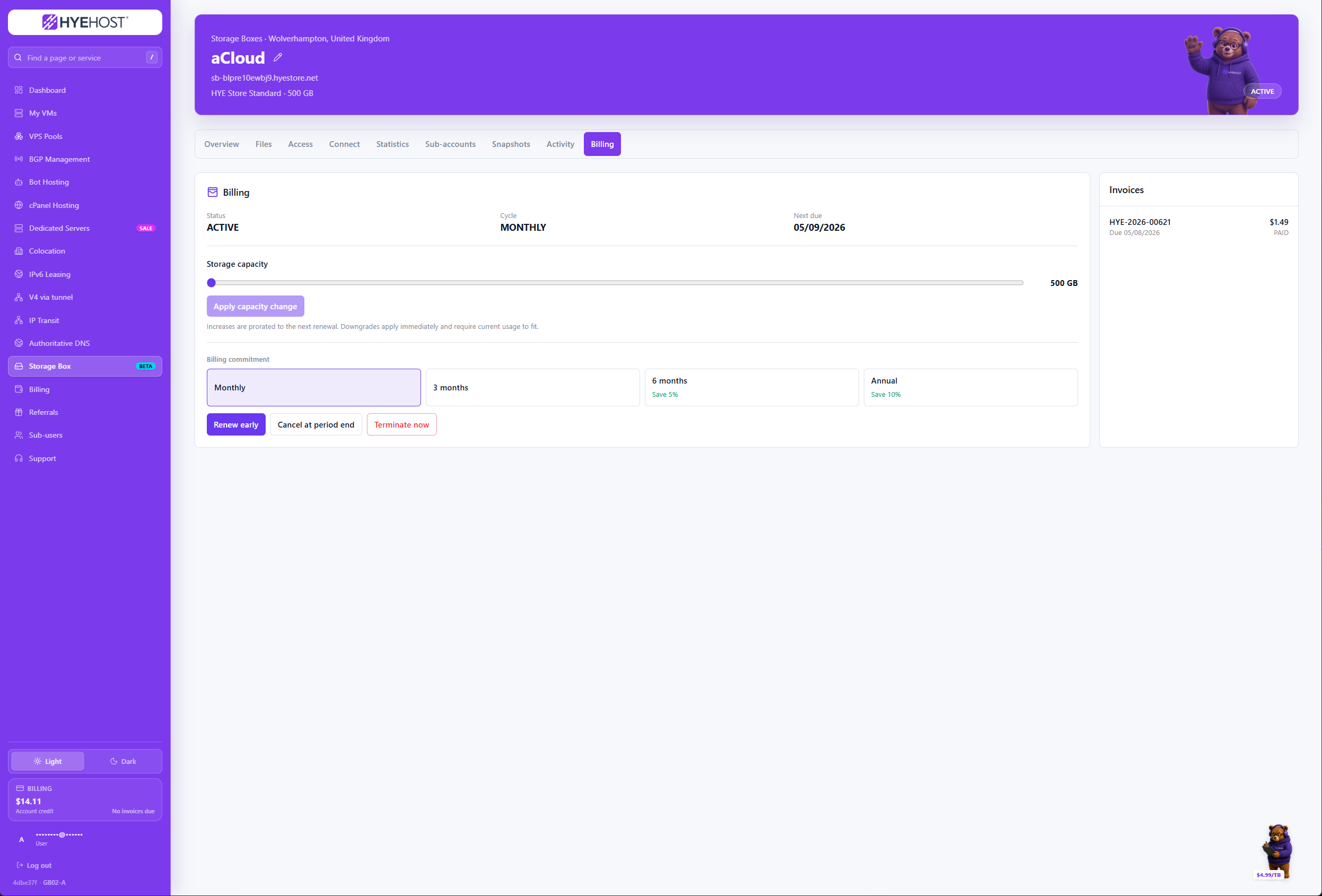 HYEHOST Storage Box online capacity upgrades and billing controls