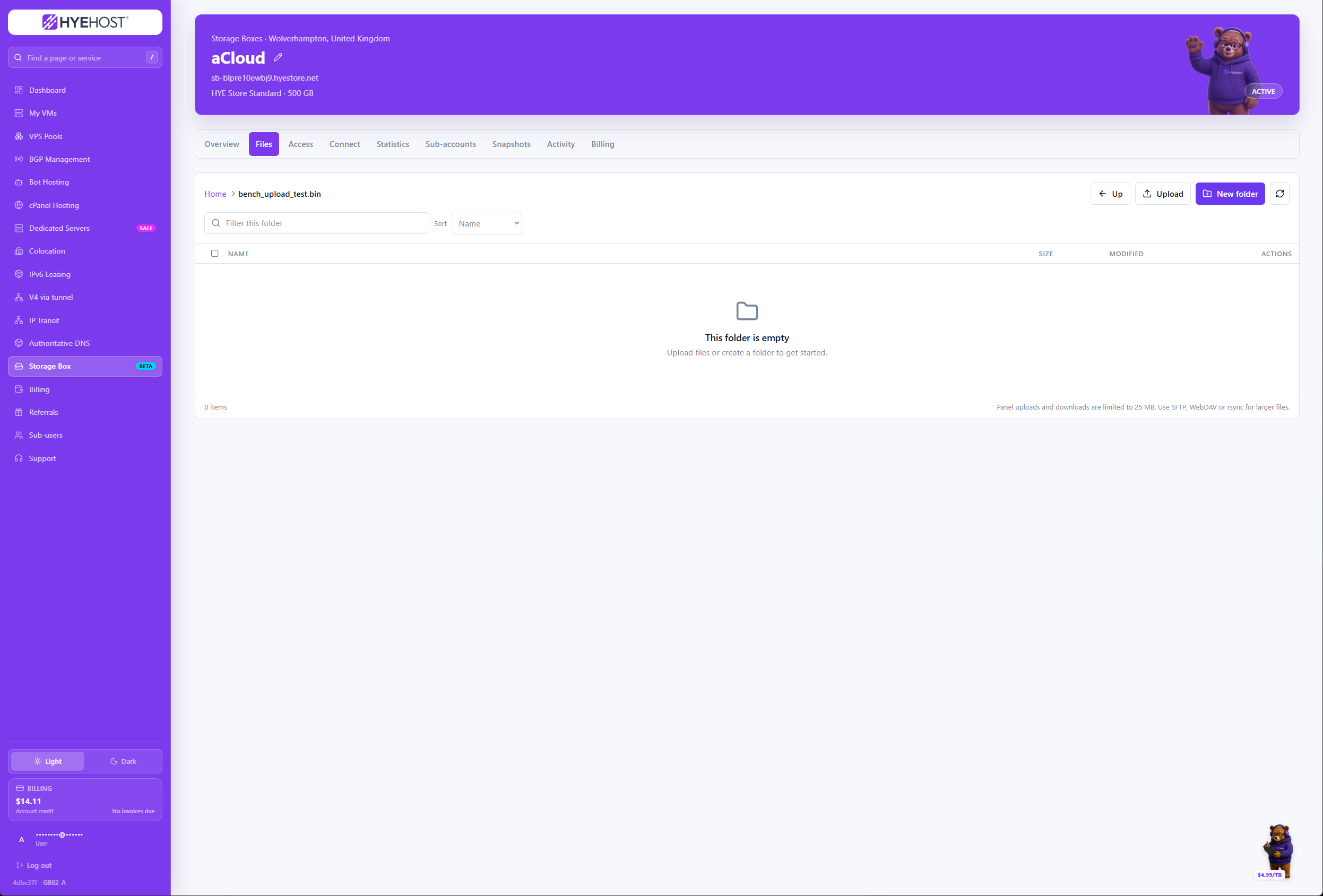 HYEHOST Storage Box browser file manager with upload, download and folder controls