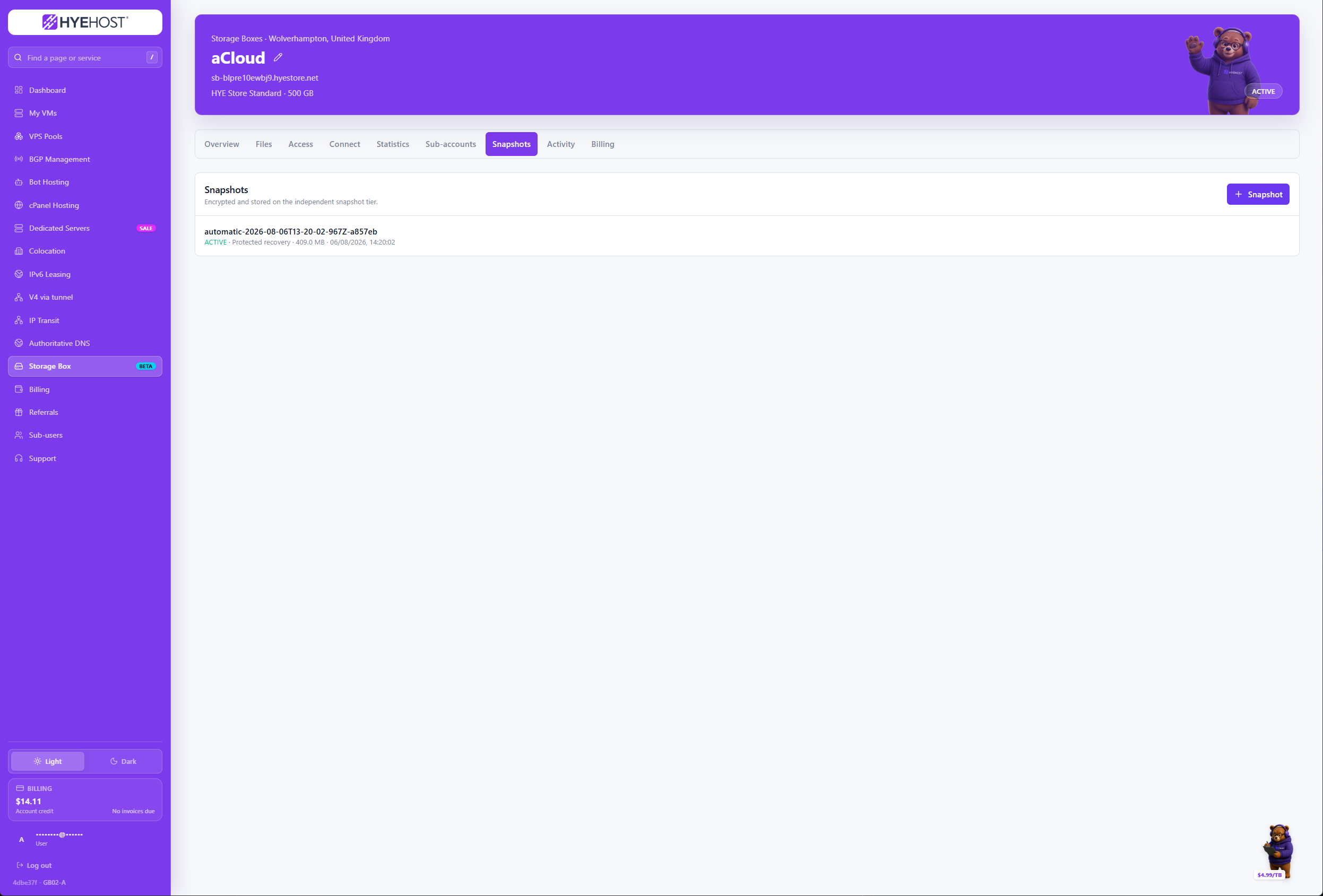 HYEHOST Storage Box manual and scheduled snapshot management