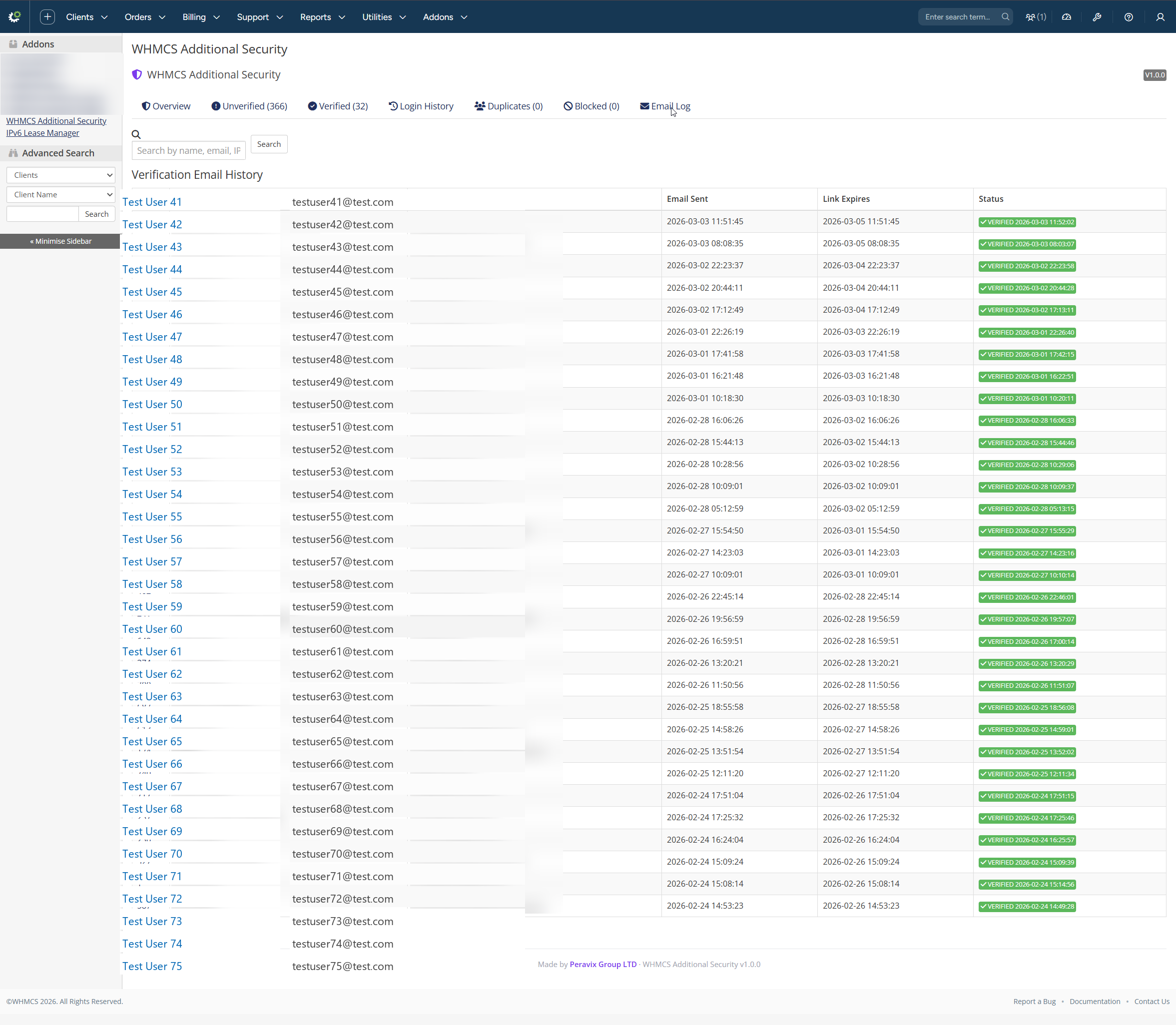 Verification email log