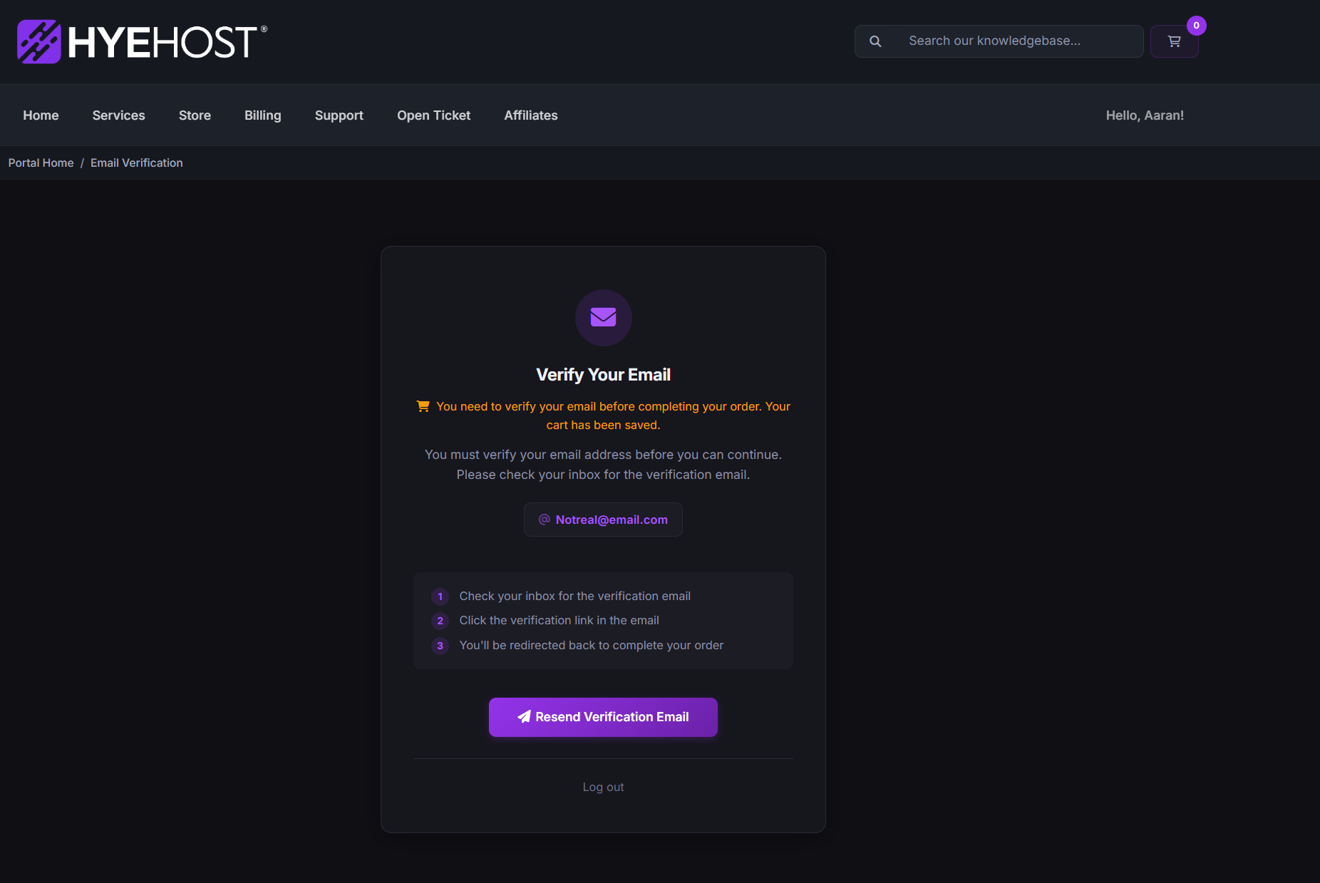 Client-facing email verification screen