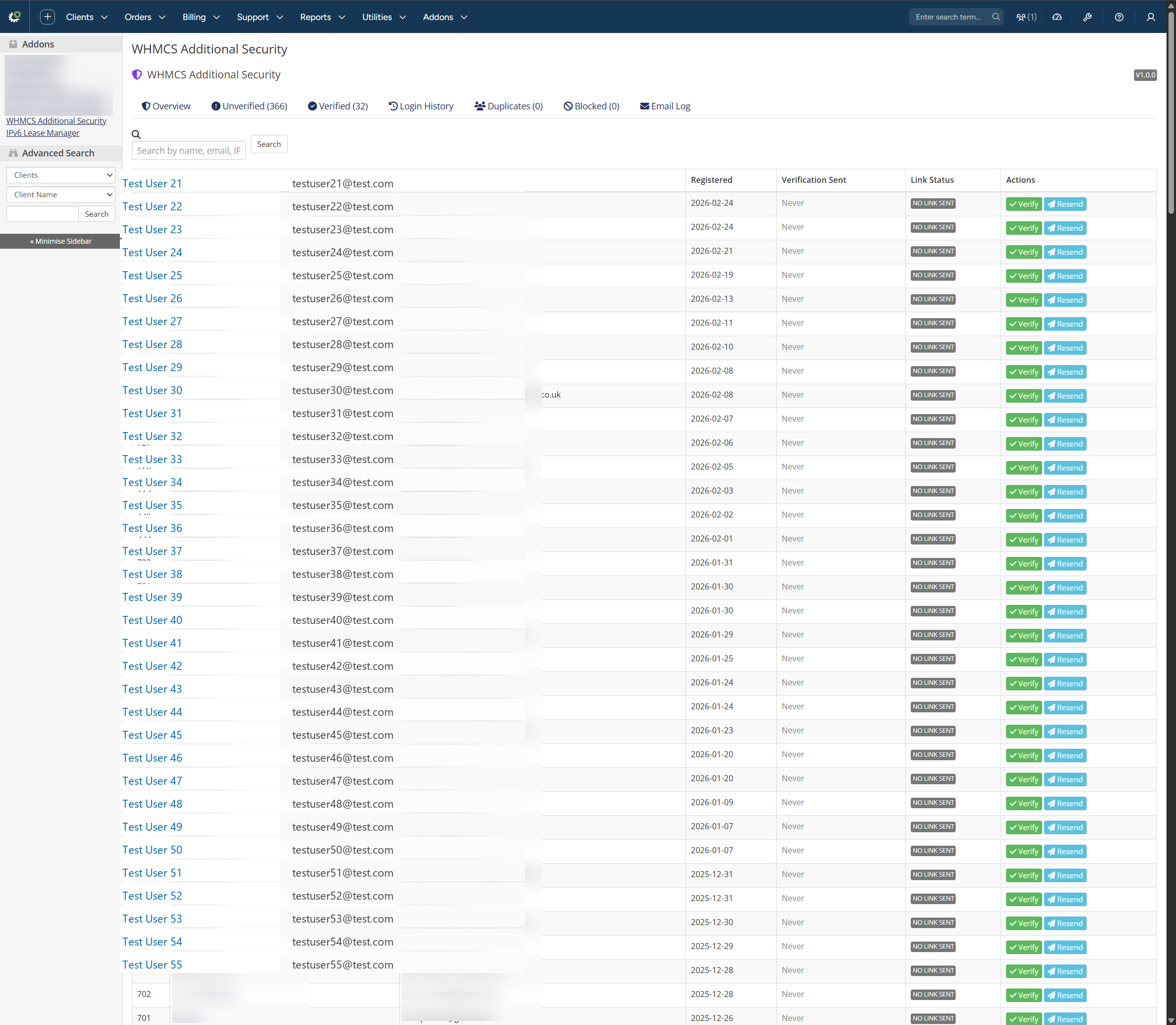 Unverified clients list