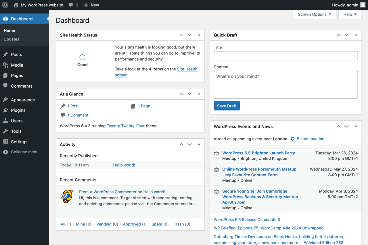 WordPress admin dashboard screenshot on HYEHOST hosting